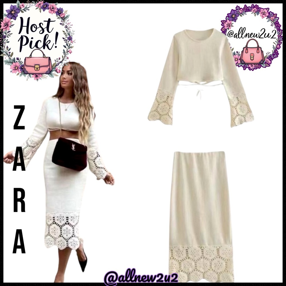 Zara Cream Knit Lightweight Sweater W / Lace Skirt Set Size S - Picture 3 of 16